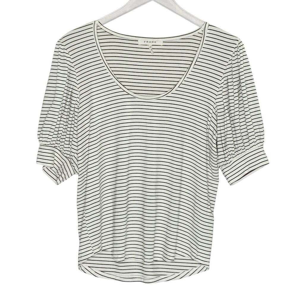 Frame Scoop Neck Puff Sleeve Top L Black White Striped Short Sleeves